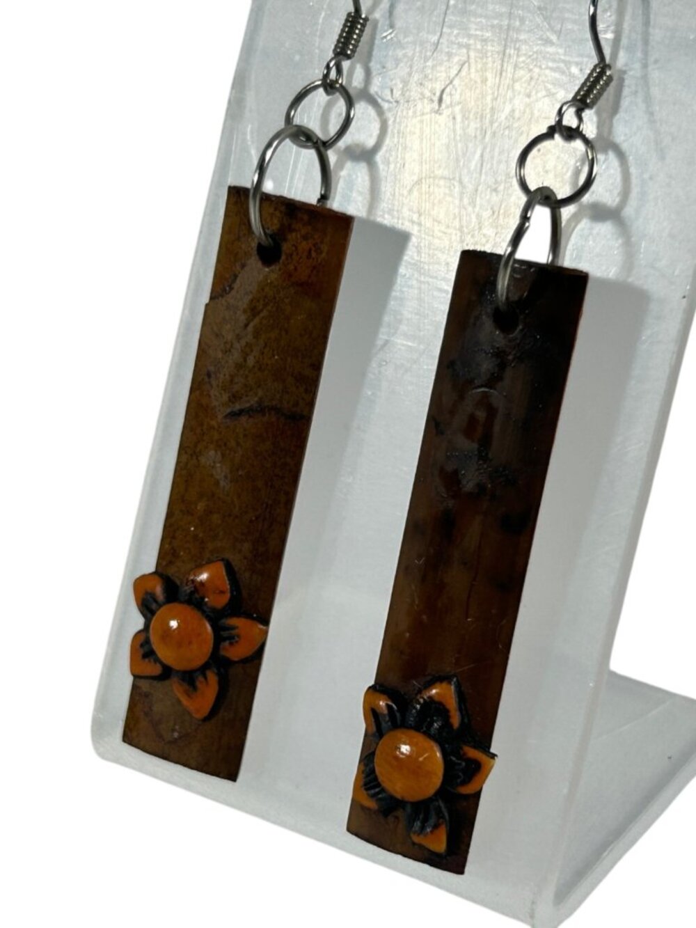 Wood Dangle Earrings Floral Flower Accent Rustic Boho Statement Long Artisan